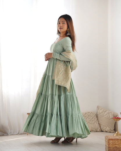 Charming Pista Color Pure Roman Silk Chanderi Fabric Fully Flair Anarkali Gown With Dupatta