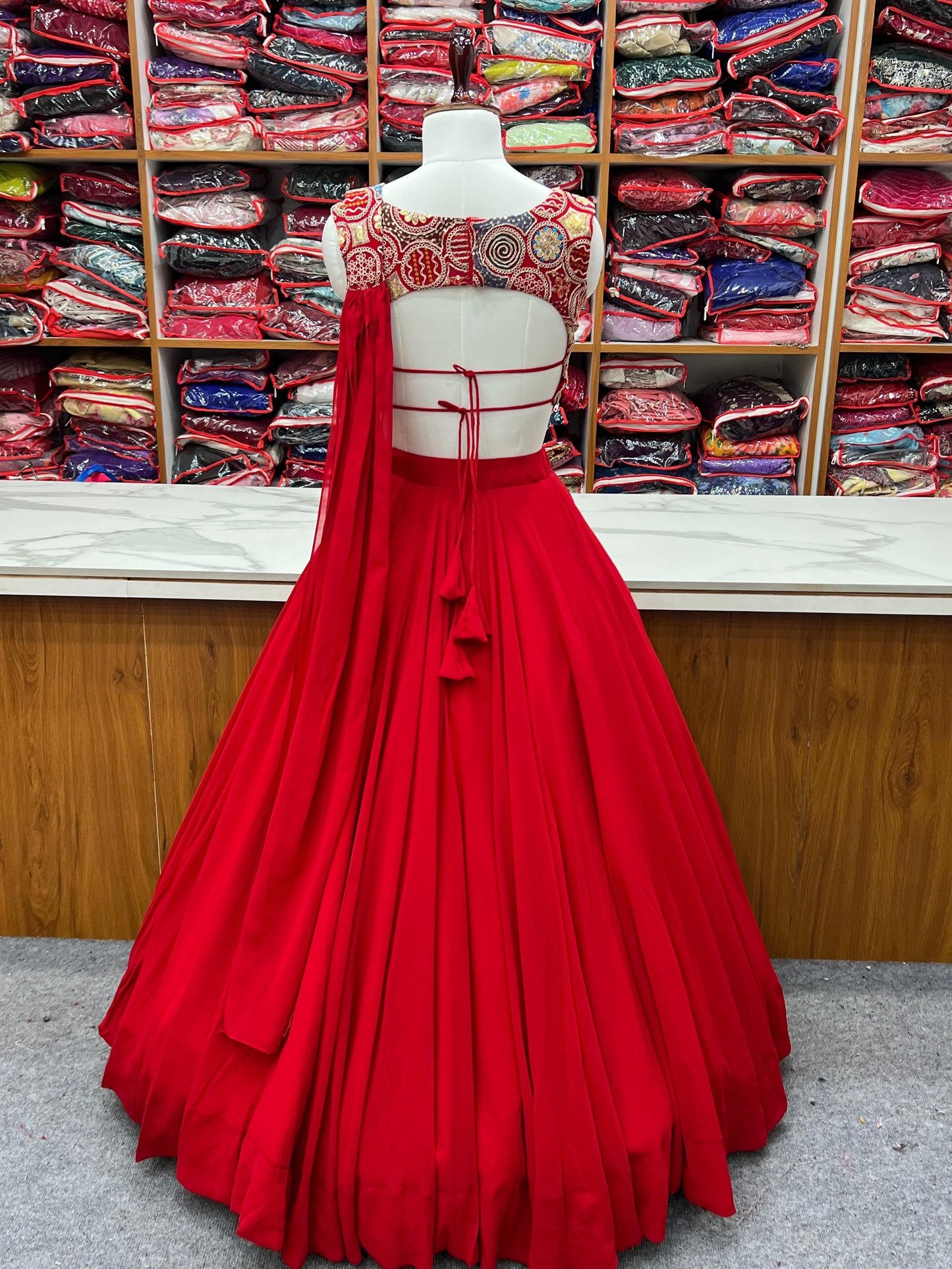 Glossy Red Color Pure Soft Fox Georgette Blooming Designer Ready to Wear Lehenga Choli