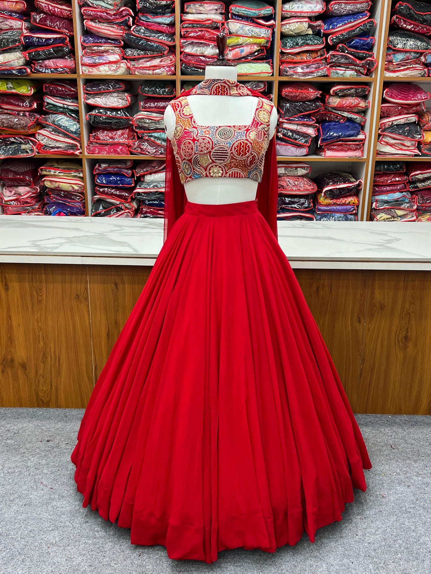 Glossy Red Color Pure Soft Fox Georgette Blooming Designer Ready to Wear Lehenga Choli