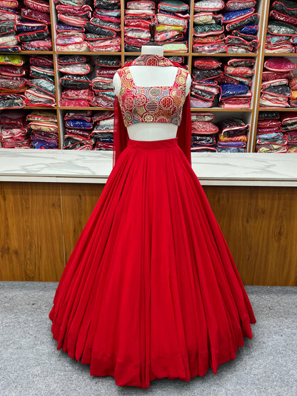 Glossy Red Color Pure Soft Fox Georgette Blooming Designer Ready to Wear Lehenga Choli