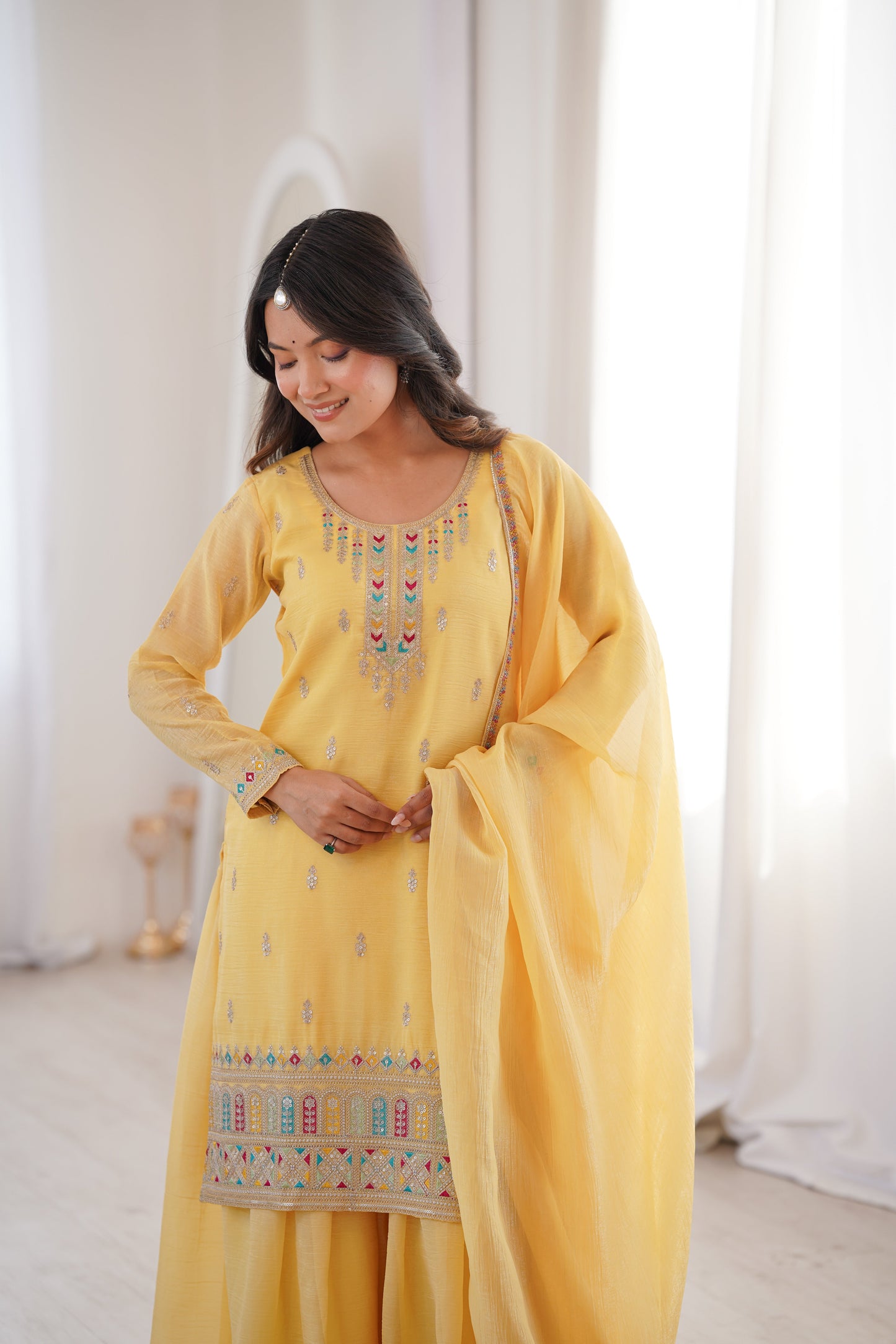 Gorgeous Yellow Color Sequence Embroidered Sharara Suit