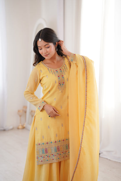 Gorgeous Yellow Color Sequence Embroidered Sharara Suit