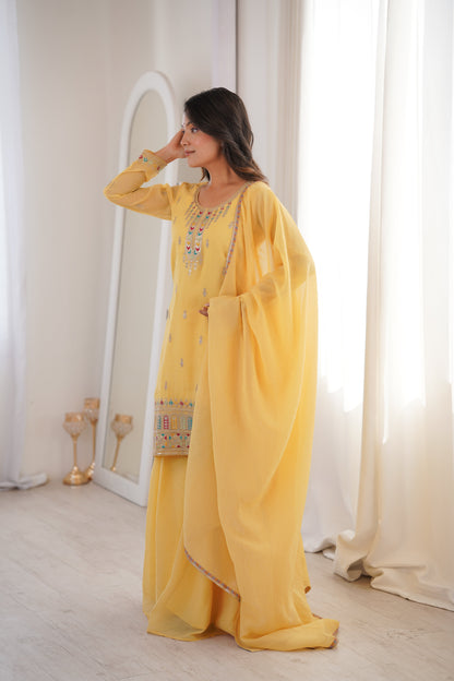 Gorgeous Yellow Color Sequence Embroidered Sharara Suit