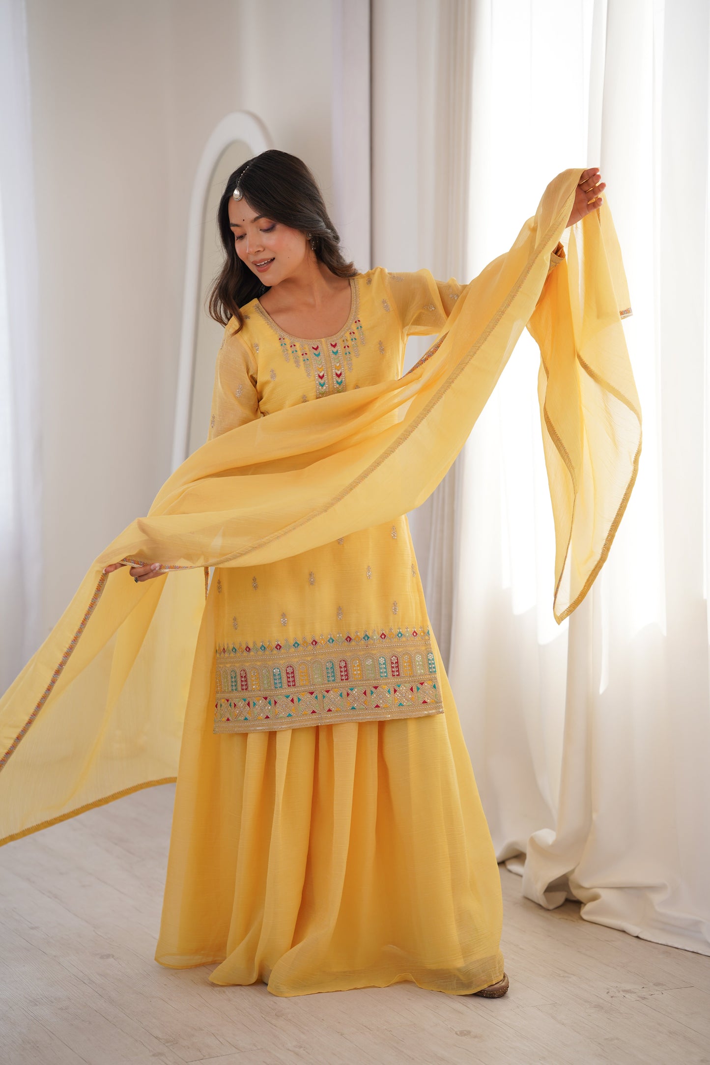 Gorgeous Yellow Color Sequence Embroidered Sharara Suit