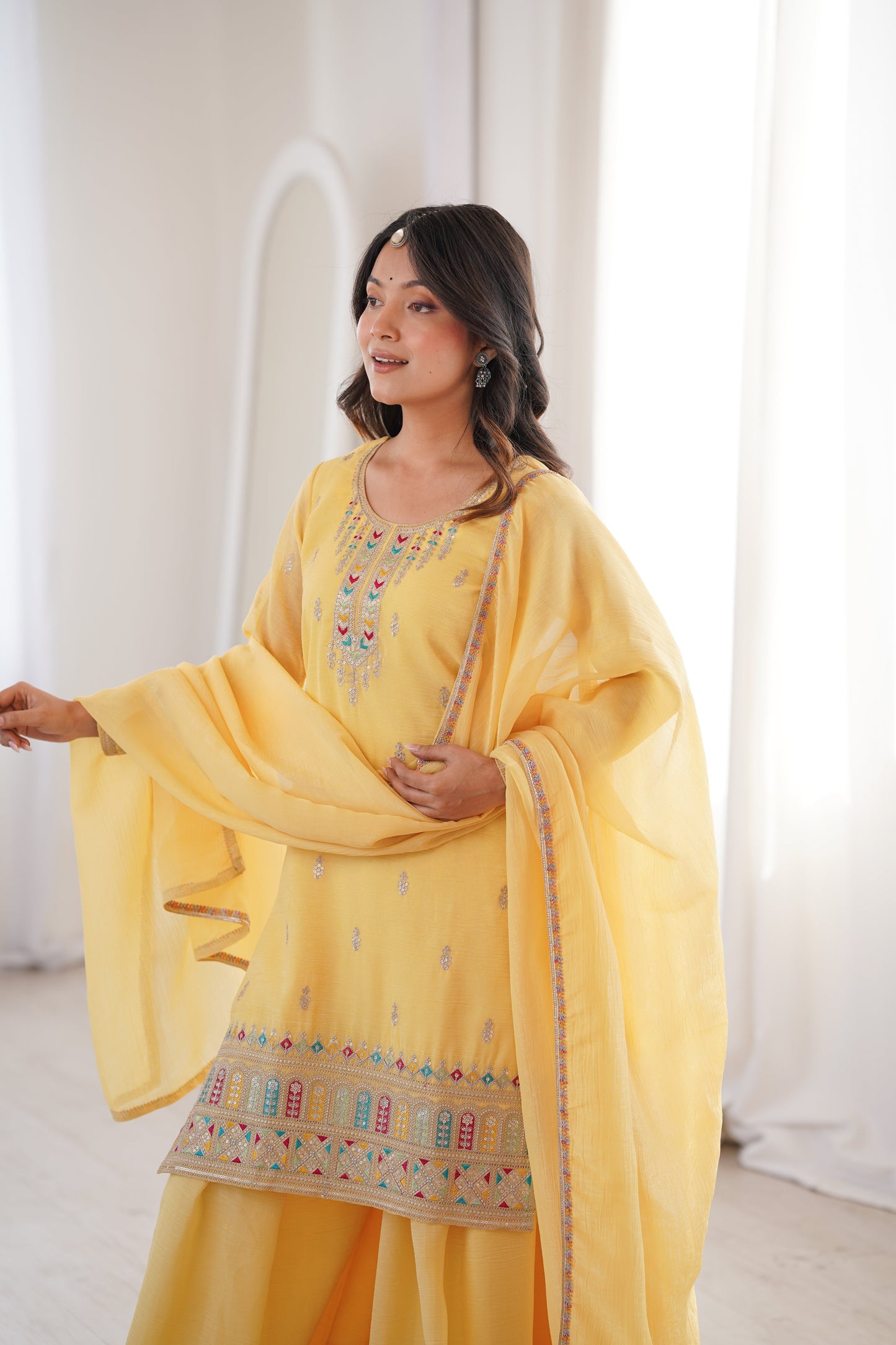 Gorgeous Yellow Color Sequence Embroidered Sharara Suit