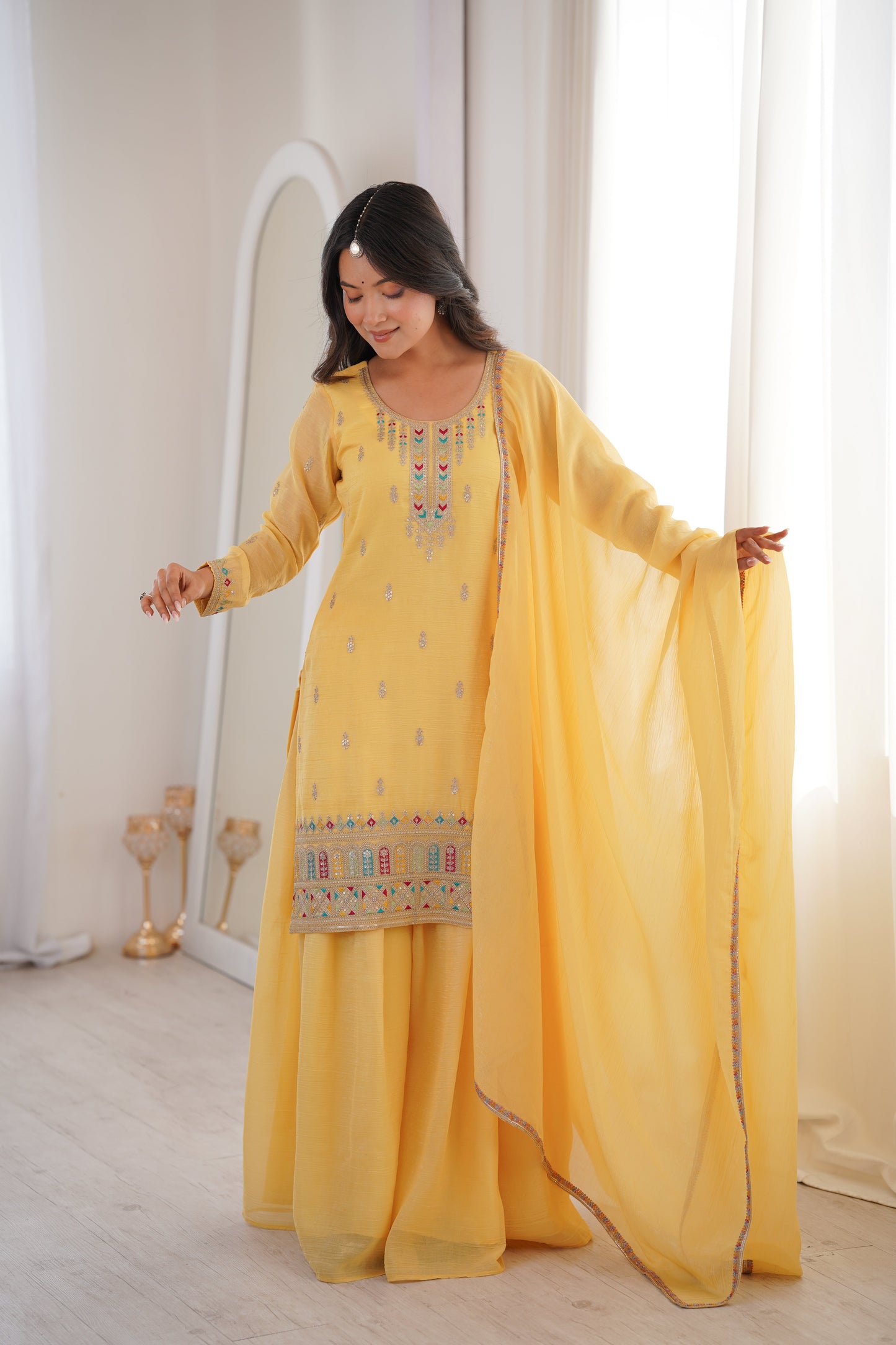Gorgeous Yellow Color Sequence Embroidered Sharara Suit