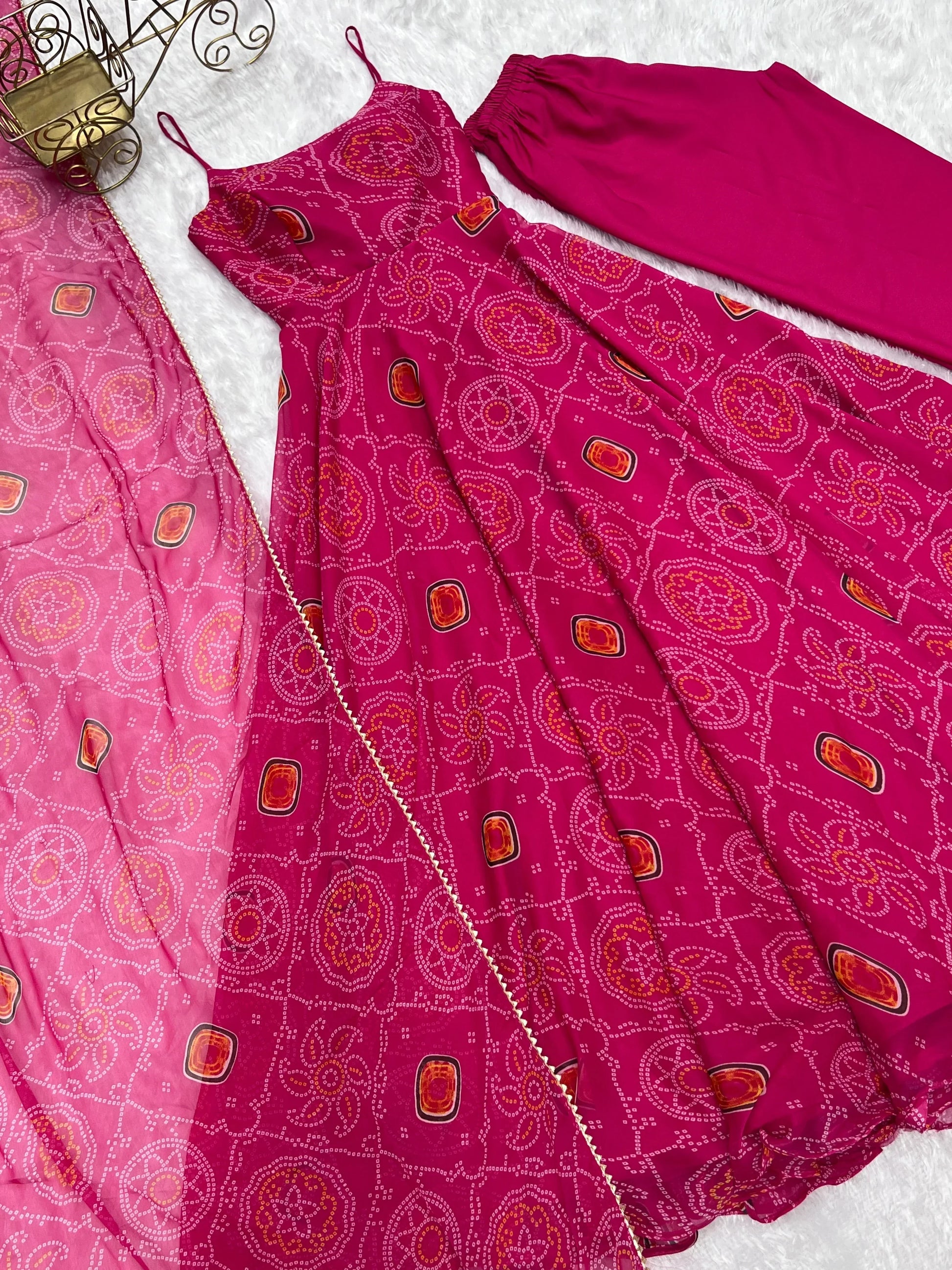 Pretty Pink Color Bandhani Print Anarkali Suit