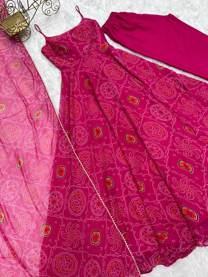 Pretty Pink Color Bandhani Print Anarkali Suit