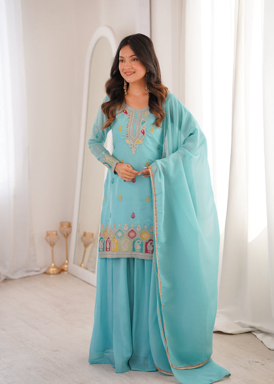 Beautiful Sky Blue Color Sequence Embroidered Designer Sharara Suit