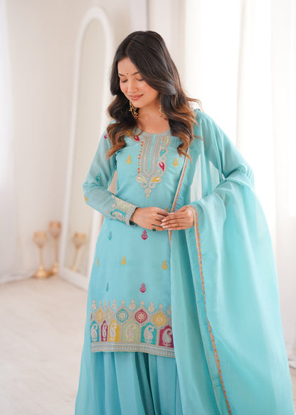 Beautiful Sky Blue Color Sequence Embroidered Designer Sharara Suit