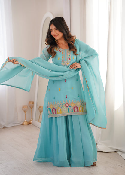 Beautiful Sky Blue Color Sequence Embroidered Designer Sharara Suit