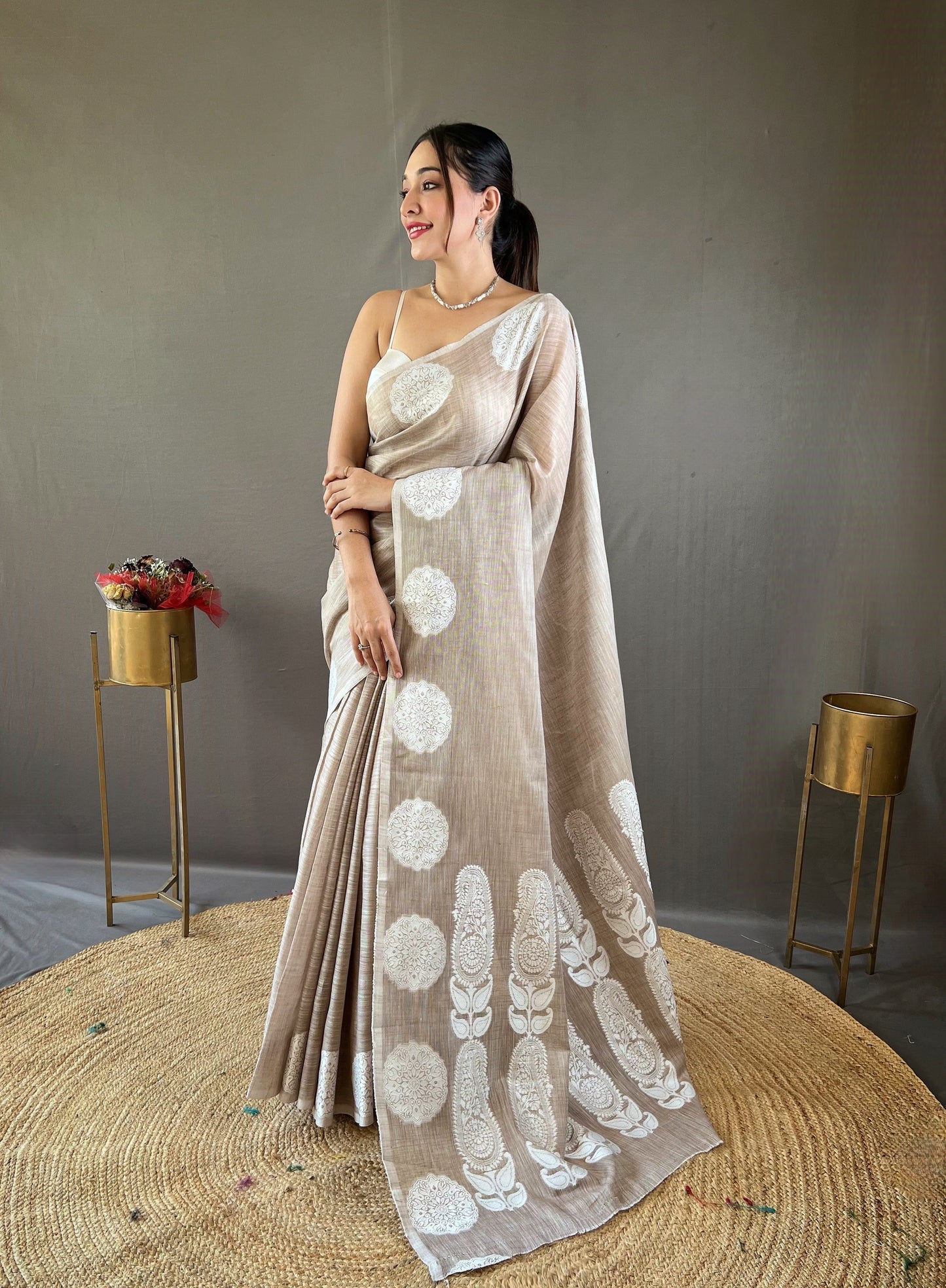 Classic Beige Color Lucknowi Linen Saree