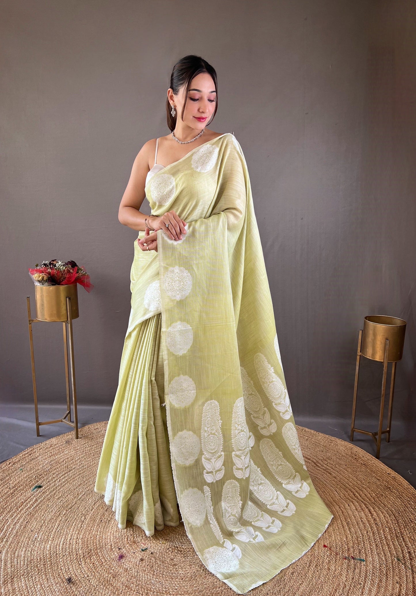 Classic Pista Color Lucknowi Linen Saree