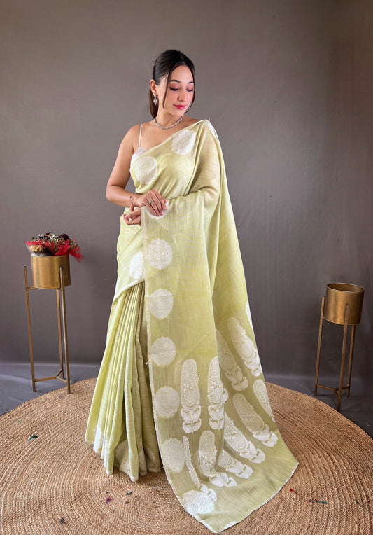 Classic Pista Color Lucknowi Linen Saree