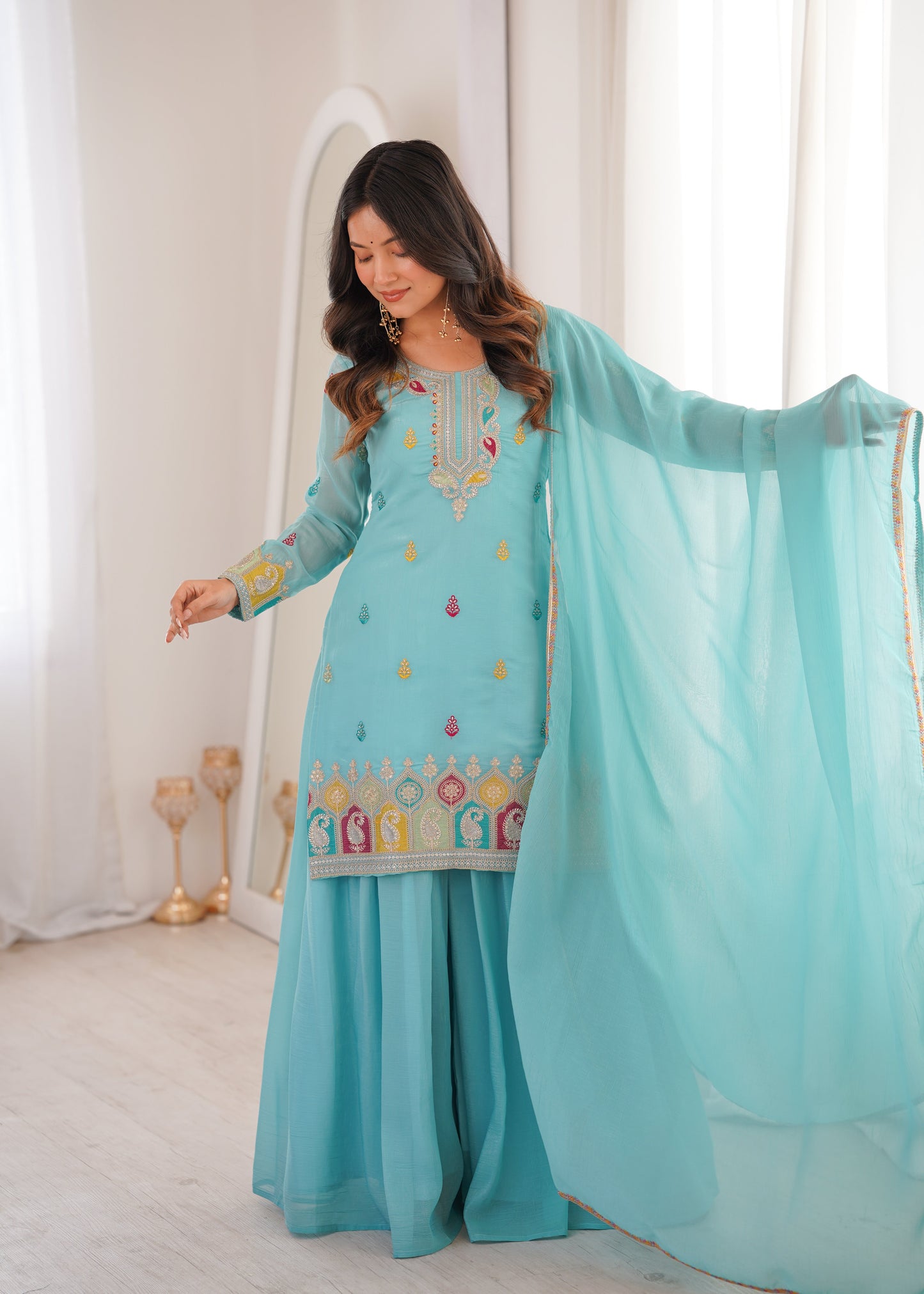 Beautiful Sky Blue Color Sequence Embroidered Designer Sharara Suit