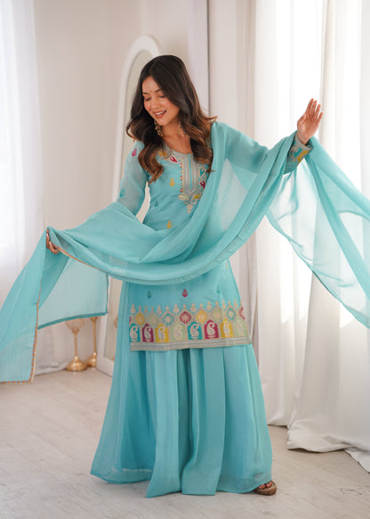 Beautiful Sky Blue Color Sequence Embroidered Designer Sharara Suit