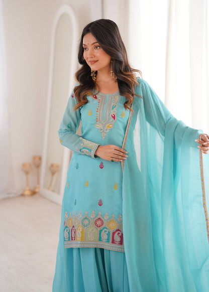 Beautiful Sky Blue Color Sequence Embroidered Designer Sharara Suit