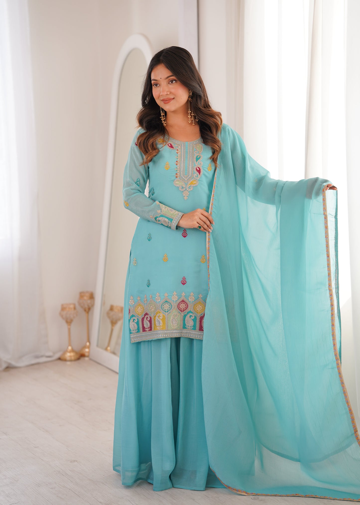 Beautiful Sky Blue Color Sequence Embroidered Designer Sharara Suit