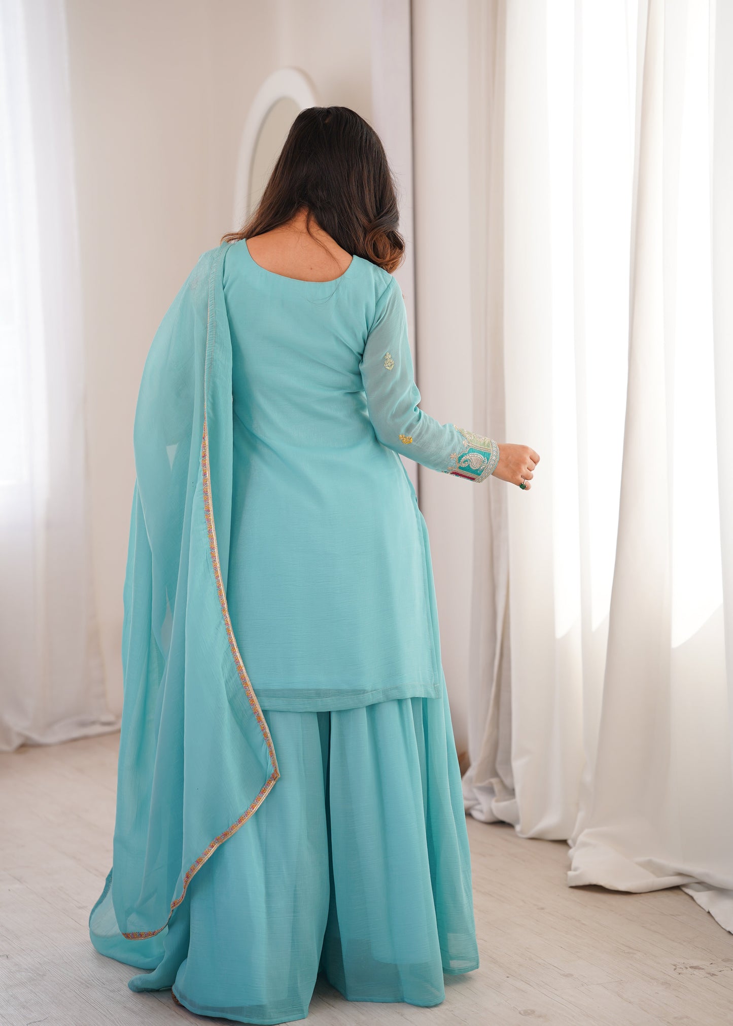 Beautiful Sky Blue Color Sequence Embroidered Designer Sharara Suit