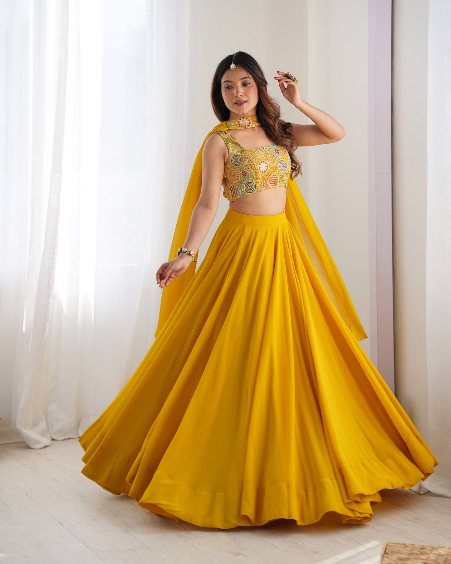 Blissful Yellow Color Pure Soft Fox Georgette Blooming Designer Ready to Wear Lehenga Choli