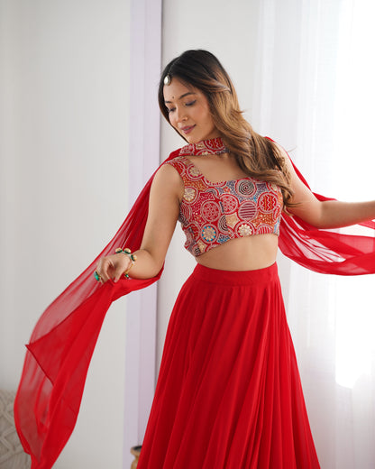 Glossy Red Color Pure Soft Fox Georgette Blooming Designer Ready to Wear Lehenga Choli