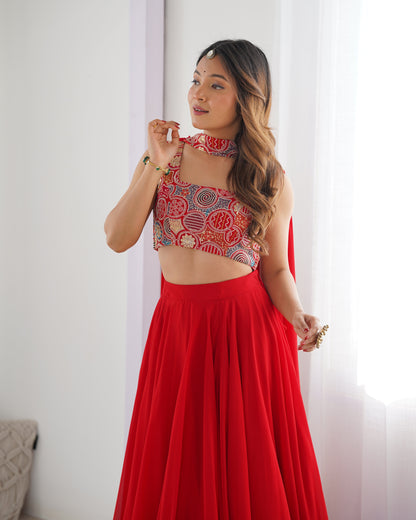 Glossy Red Color Pure Soft Fox Georgette Blooming Designer Ready to Wear Lehenga Choli