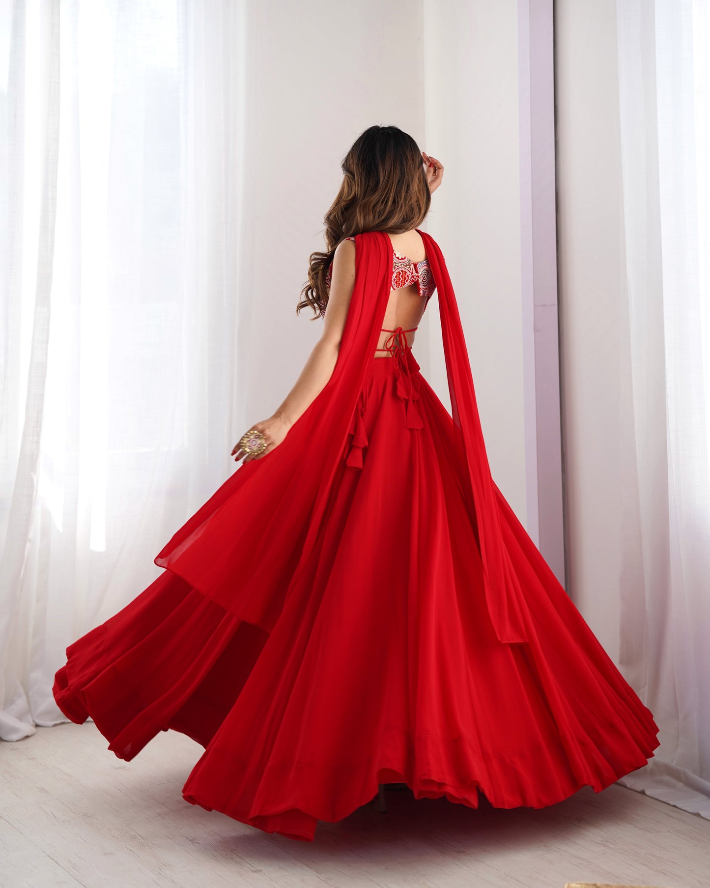 Glossy Red Color Pure Soft Fox Georgette Blooming Designer Ready to Wear Lehenga Choli