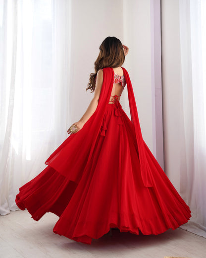Glossy Red Color Pure Soft Fox Georgette Blooming Designer Ready to Wear Lehenga Choli