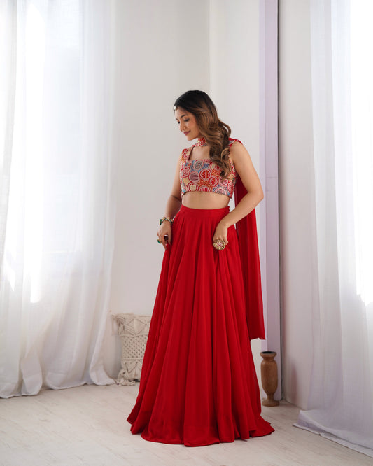 Glossy Red Color Pure Soft Fox Georgette Blooming Designer Ready to Wear Lehenga Choli