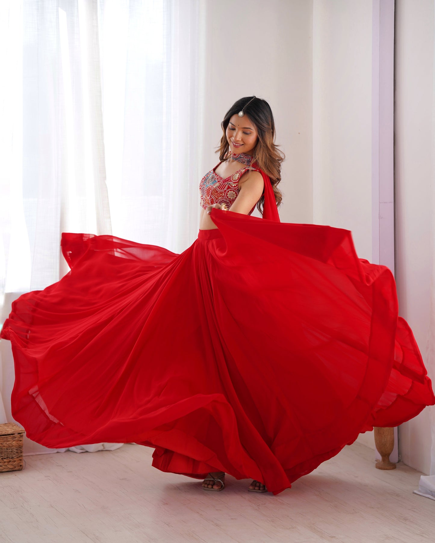 Glossy Red Color Pure Soft Fox Georgette Blooming Designer Ready to Wear Lehenga Choli