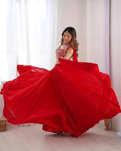 Glossy Red Color Pure Soft Fox Georgette Blooming Designer Ready to Wear Lehenga Choli