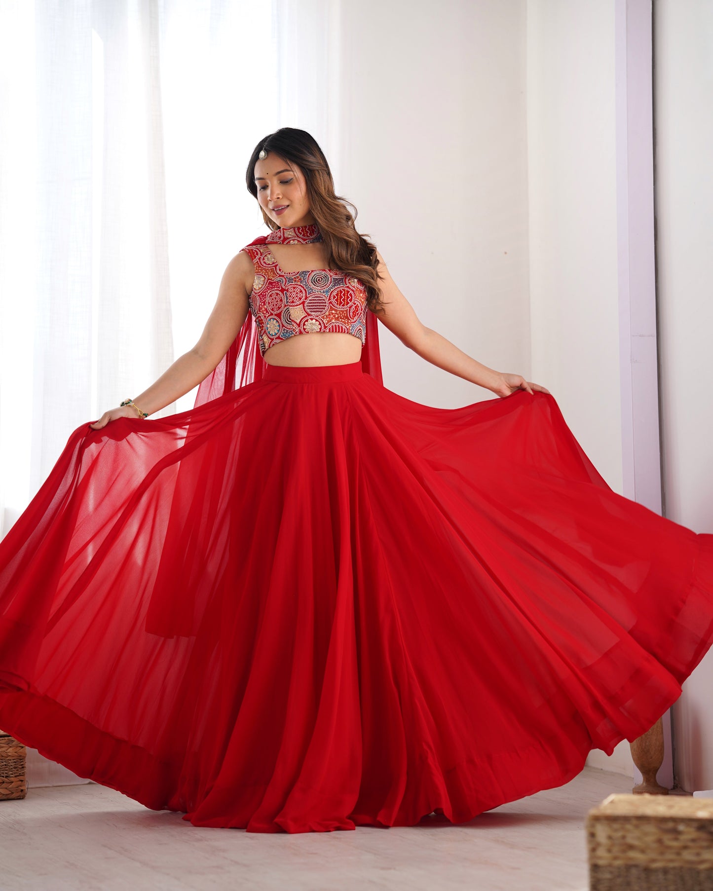 Glossy Red Color Pure Soft Fox Georgette Blooming Designer Ready to Wear Lehenga Choli
