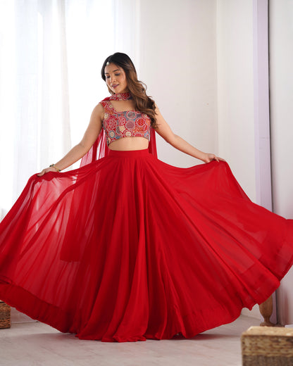 Glossy Red Color Pure Soft Fox Georgette Blooming Designer Ready to Wear Lehenga Choli