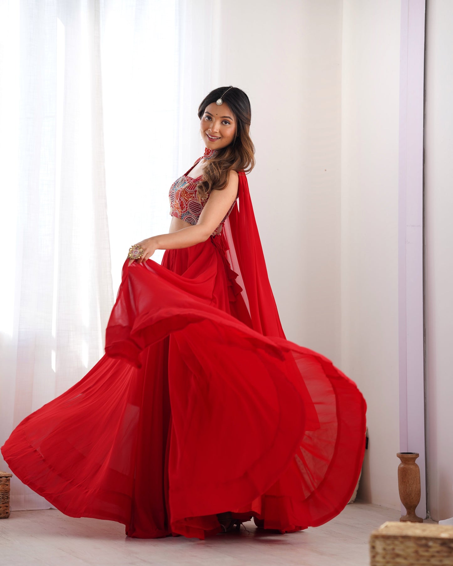 Glossy Red Color Pure Soft Fox Georgette Blooming Designer Ready to Wear Lehenga Choli