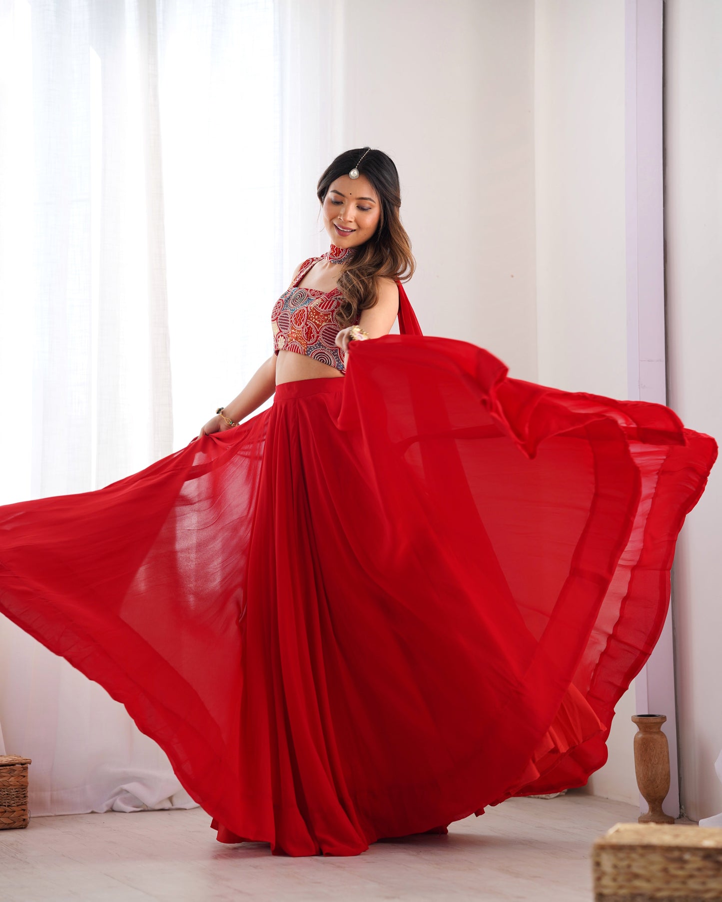 Glossy Red Color Pure Soft Fox Georgette Blooming Designer Ready to Wear Lehenga Choli