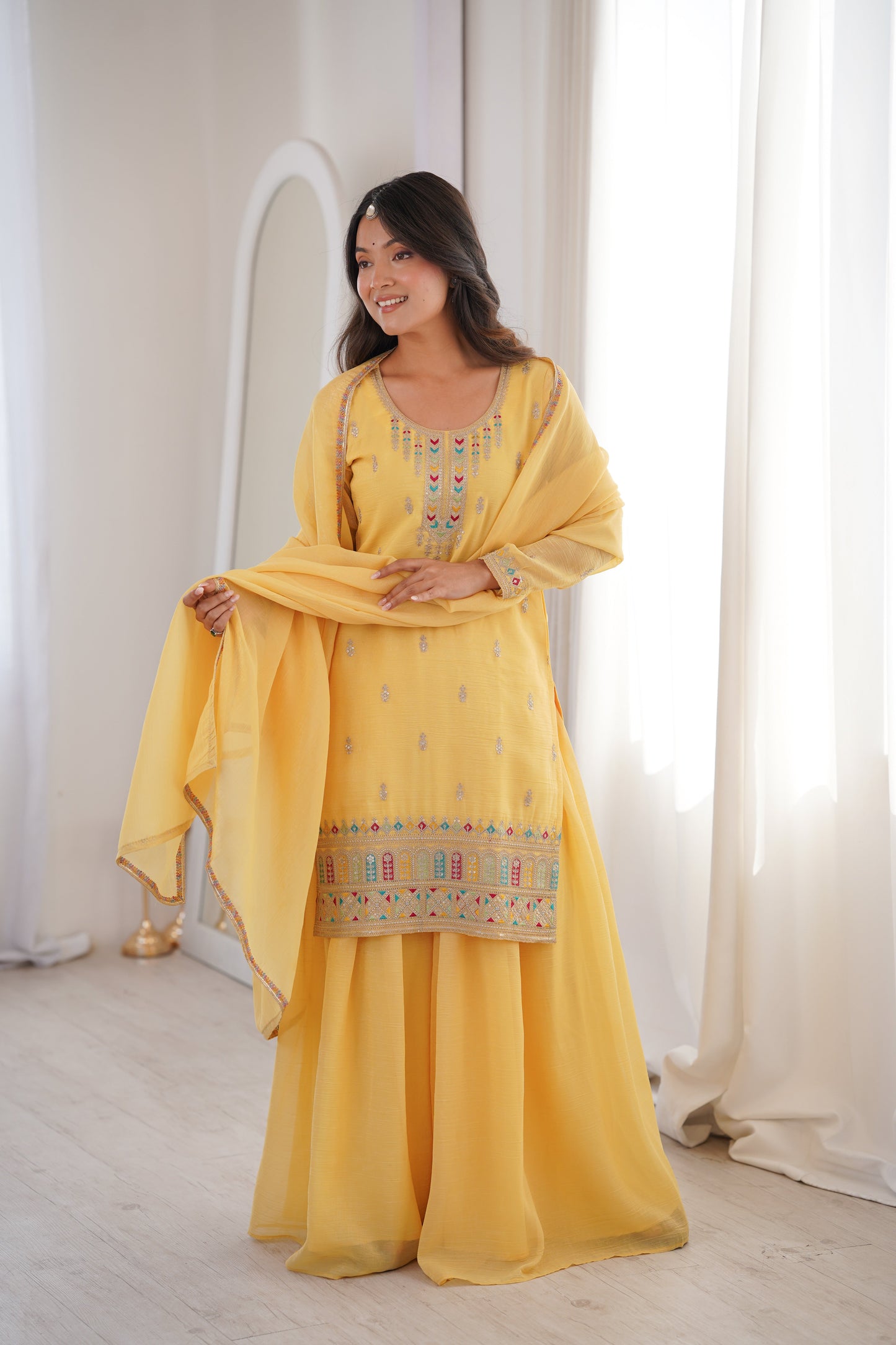 Gorgeous Yellow Color Sequence Embroidered Sharara Suit