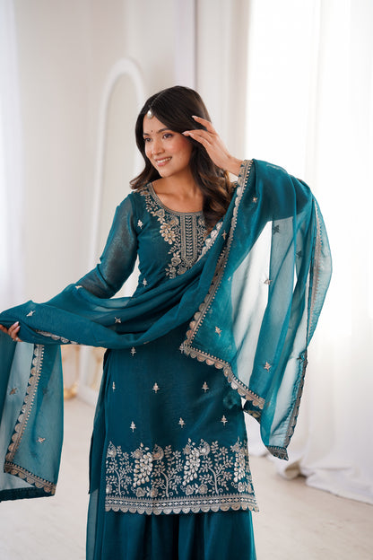 Glossy Blue Color Sequence Embroidered Sharara Suit With Dupatta