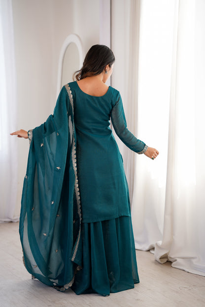 Glossy Blue Color Sequence Embroidered Sharara Suit With Dupatta