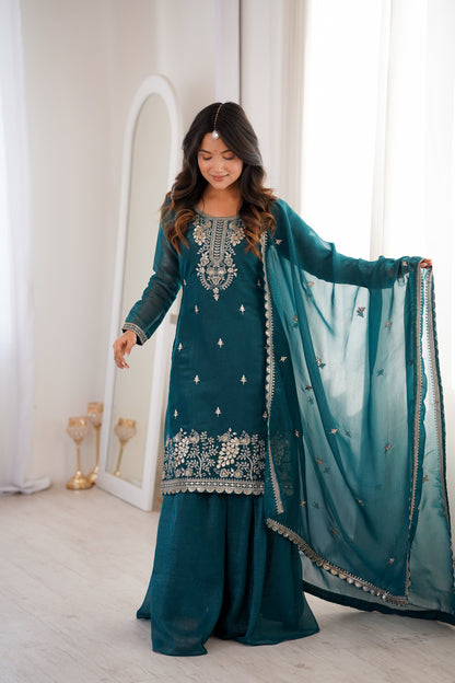 Glossy Blue Color Sequence Embroidered Sharara Suit With Dupatta