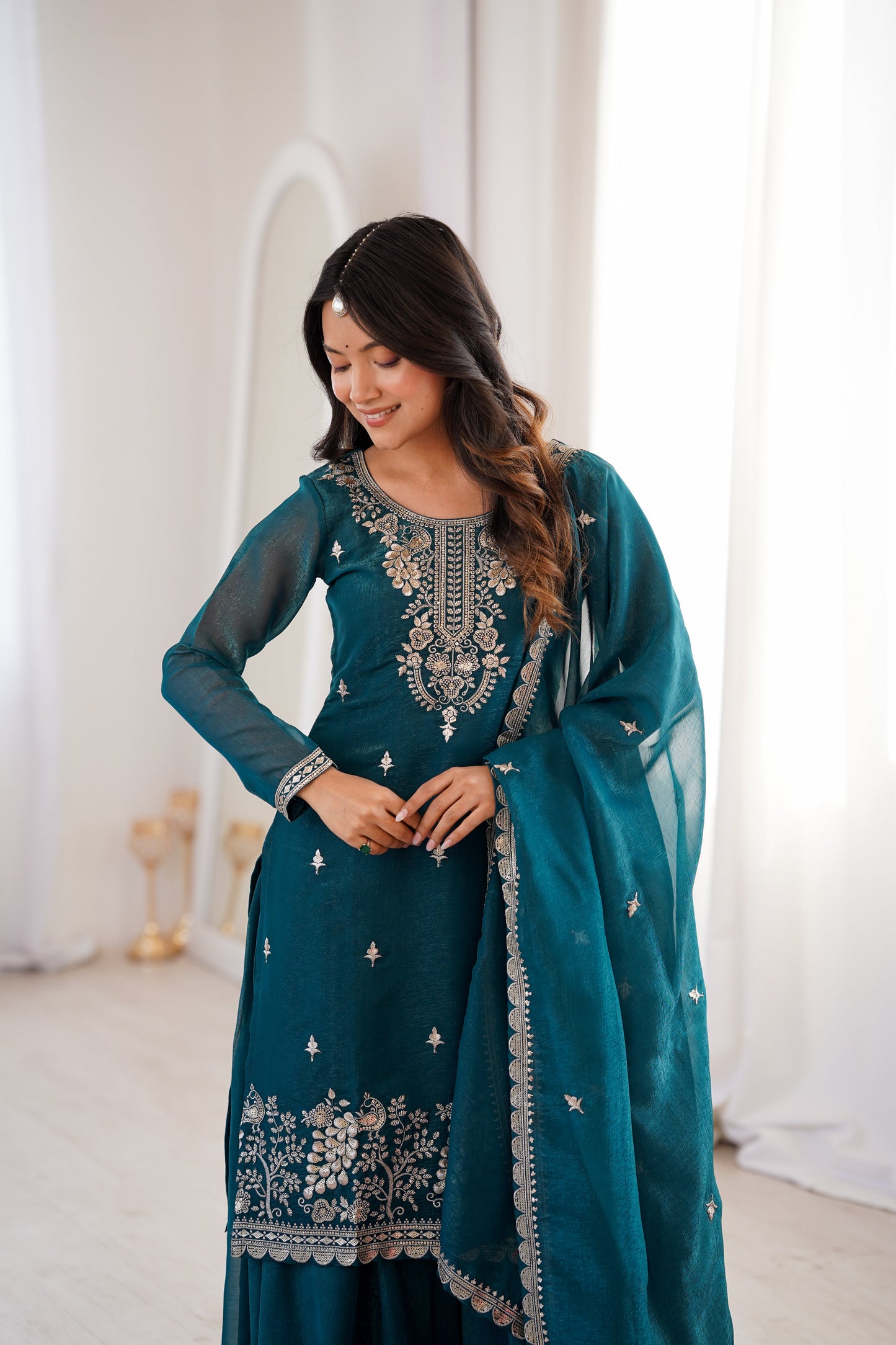 Glossy Blue Color Sequence Embroidered Sharara Suit With Dupatta