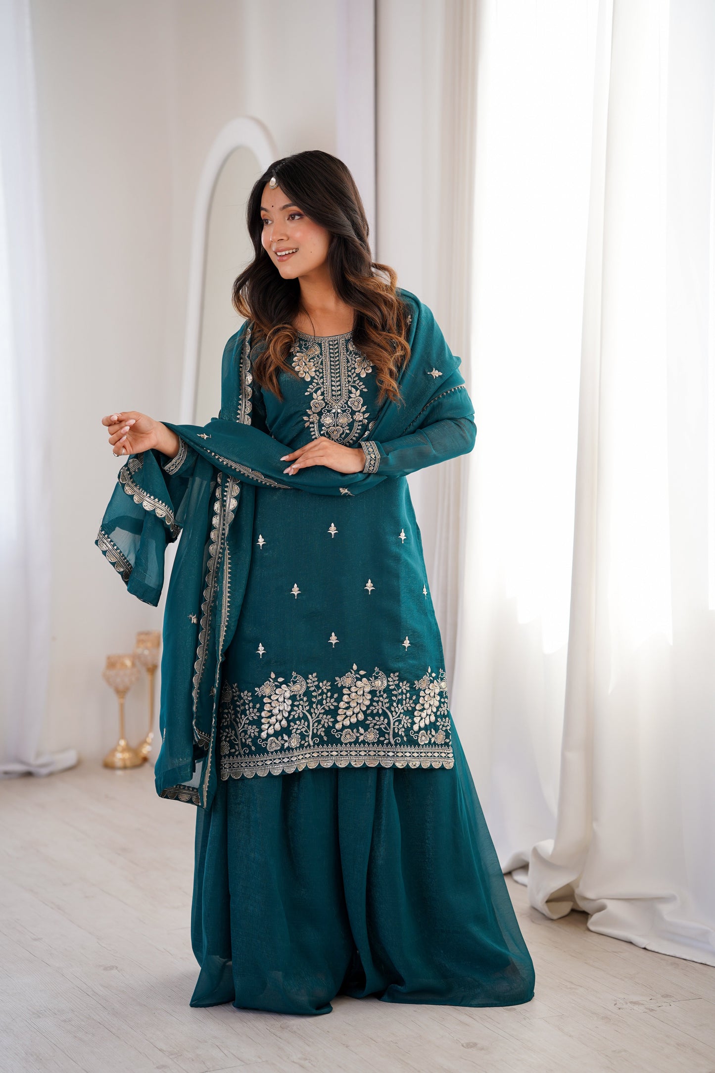 Glossy Blue Color Sequence Embroidered Sharara Suit With Dupatta