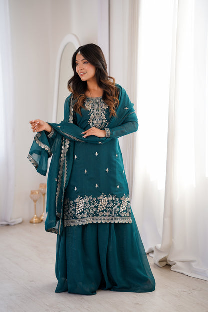 Glossy Blue Color Sequence Embroidered Sharara Suit With Dupatta