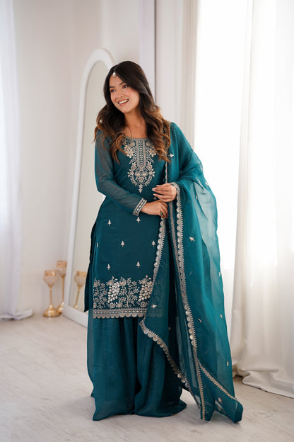 Glossy Blue Color Sequence Embroidered Sharara Suit With Dupatta