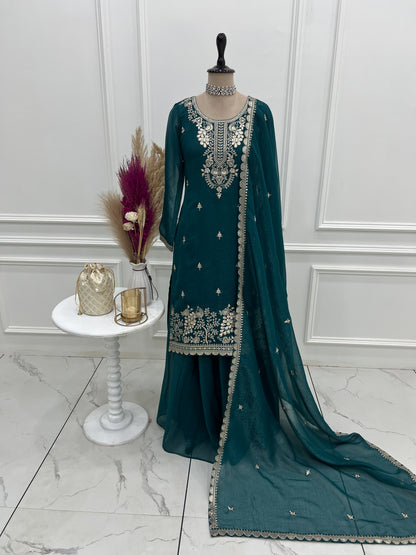 Glossy Blue Color Sequence Embroidered Sharara Suit With Dupatta
