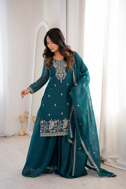 Glossy Blue Color Sequence Embroidered Sharara Suit With Dupatta