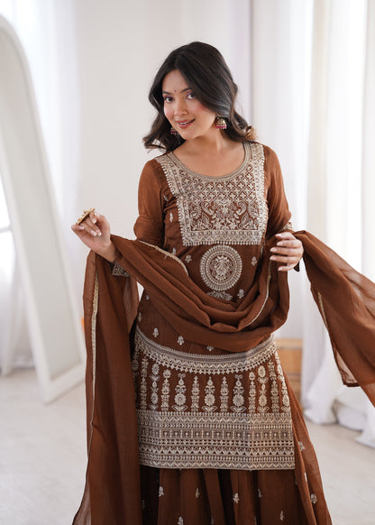 Precious Brown Color Embroidered Sharara Suit With Dupatta