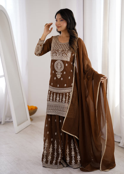 Precious Brown Color Embroidered Sharara Suit With Dupatta
