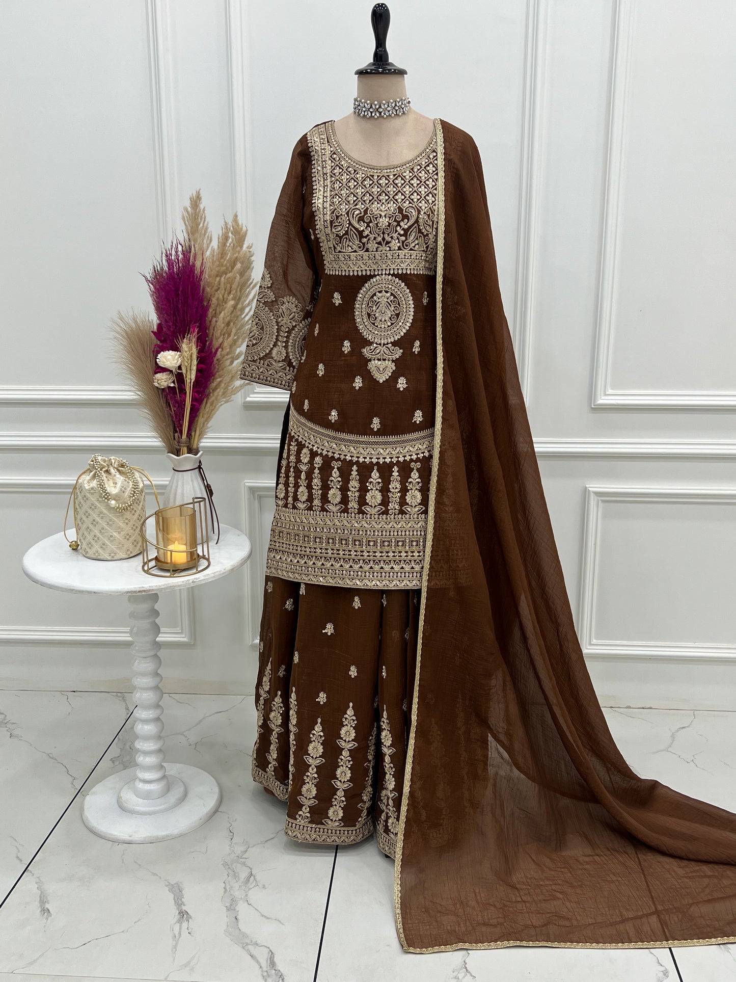 Precious Brown Color Embroidered Sharara Suit With Dupatta