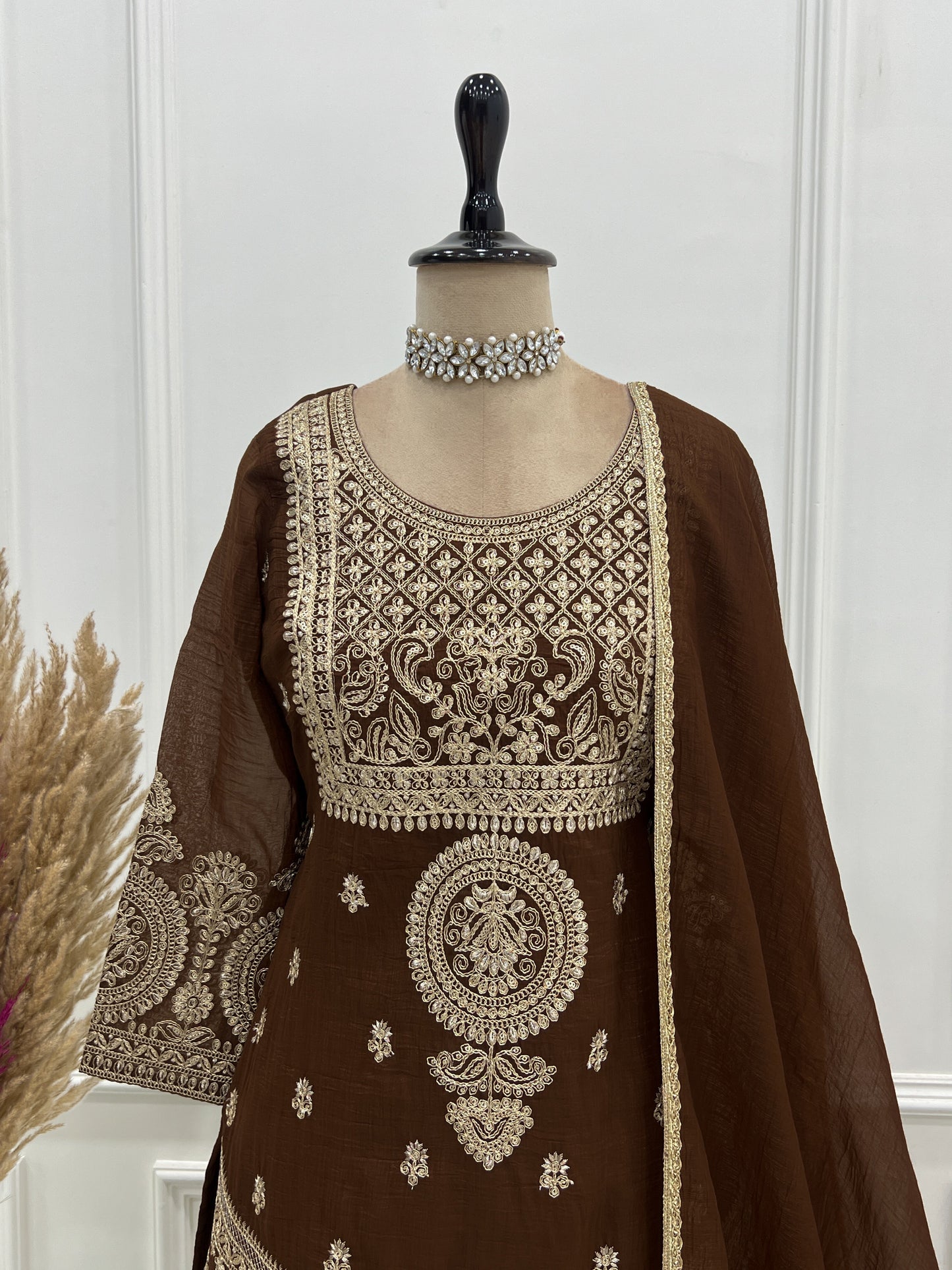 Precious Brown Color Embroidered Sharara Suit With Dupatta