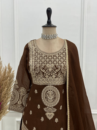 Precious Brown Color Embroidered Sharara Suit With Dupatta